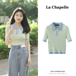 拉夏贝尔/La Chapelle奶昔绿POLO衫翻领拼色针织短袖T恤女上衣