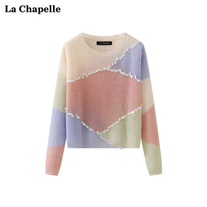 拉夏贝尔/La Chapelle春季新款亮片洋气拼色圆领针织衫女套头毛衣