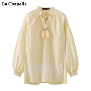 拉夏贝尔/La Chapelle春季新款黄色刺绣中国风休闲衬衫上衣女衬衣