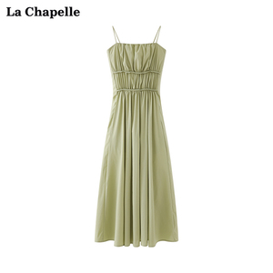 拉夏贝尔/La Chapelle气质一字领系带松紧高腰褶皱吊带连衣裙女夏