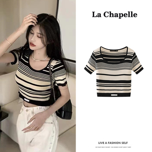 拉夏贝尔/La Chapelle夏季新款条纹圆领短袖针织衫女短款修身上衣