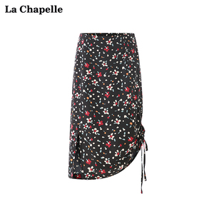 拉夏贝尔/La Chapelle黑底碎花侧边下摆抽绳开叉半身裙优雅长裙子
