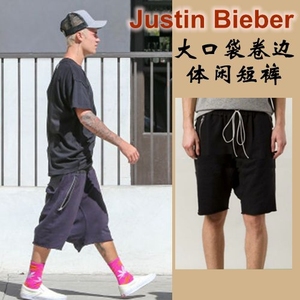黑色卷边休闲短裤Justin Bieber贾斯汀比伯同款裤子 夏季热卖2016