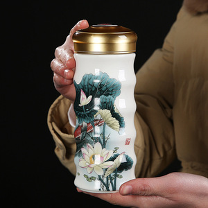 双层青花瓷陶瓷保温杯大容量个人专用陶瓷水杯促销杯子礼品杯