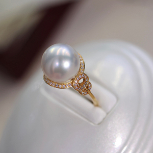 18K金锆石10-11mm珍珠戒指配件轻奢8字型复古宫廷圆形裸珠戒托女
