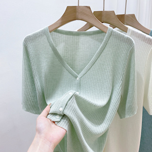 薄荷绿上衣女装夏季新款V领短袖针织衫韩系宽松设计感T恤空调开衫