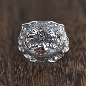 纯银貔貅戒指S925银复古食指银指环男霸气招财银饰时尚饕餮纹个性