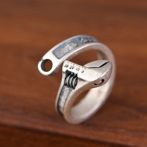 纯银戒指S925银复古做旧潮人设计机车男扳手板子银指环戒子个性男