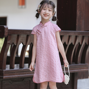 儿童2024年夏季女童旗袍洋气中国风连衣裙宝宝条纹唐装新中式童装
