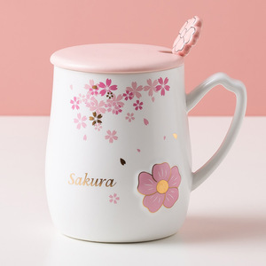 日系樱花陶瓷杯带盖勺简约马克杯牛奶办公室水杯女用花茶咖啡喝水