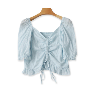 刺绣棉镂空方领小衫 夏季新款短款系带修身中袖女打底衫上衣24032