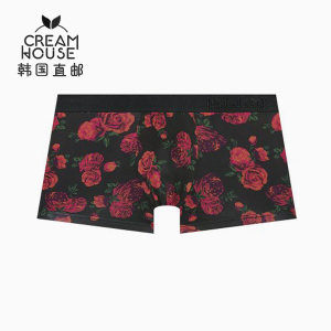【CreamHouse】韩国代购 Elle Homme 红色玫瑰男士黑色平角内裤
