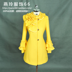 2015春装原创设计女装鹅黄色公主荷叶边修身羊毛呢大衣中长款外套