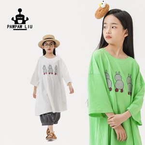 Pawpaw Liu原创设女童短袖T恤2024新品男童夏装三只兔子宽松长T潮