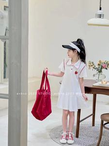 韩国童装2023洋气夏季女童白色短袖草莓POLO衫长版T恤连衣裙潮范