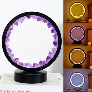 天然紫水晶晶簇牙花DIY制作圆形夜灯USB插电底座家居床头灯饰
