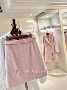 FEERIE LIMIT 限量日产针织羊毛 双面千鸟格纹 淡粉色腰带半裙