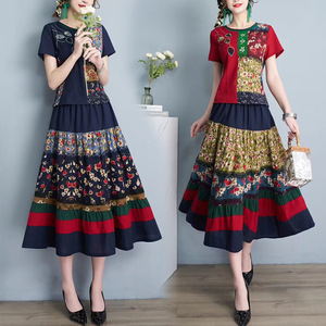 少数民族服装女中国风刺绣棉麻两件套修身复古唐装大码连衣裙短袖