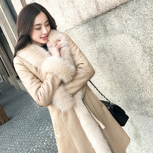 棉衣女中长款2023冬装韩版修身大毛领加厚麂皮绒皮毛一体大衣外套
