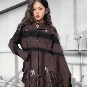 Miub日系亚文化衬衫女春夏不规则长袖衬衣暗黑设计感山本黑色上衣