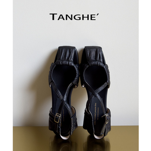 汤禾'西岛小众设计渔夫平底凉鞋羊皮法式镂空包头罗马鞋真皮软皮