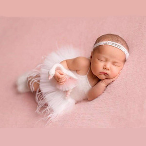 新生儿摄影服装白色羽毛裙套装影楼道具婴儿拍照衣服女宝宝月子照