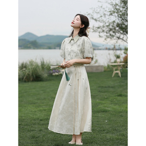 素色左岸新中式国风套装裙气质衬衫女夏半身裙今年流行两件套装裙