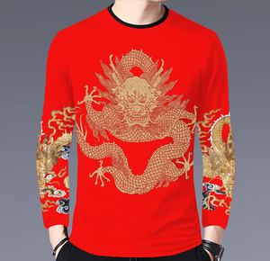 中国男士体恤新款秋冬T恤圆领打底长袖红色卫衣本命年外套外穿