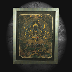 西藏老唐卡罕见题材清代矿物手绘黑金十八臂准提佛母壁画居家装饰