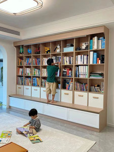 实木儿童书架去客厅一体到顶满墙书柜卡座落地置物架图书馆电视柜