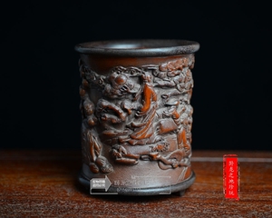 老竹雕竹刻名家手工雕刻古董古玩收藏艺术品老物件饮中八仙图笔筒