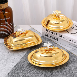 金色方形牛油碟圆形黄油碟欧式带盖果盘高档家用零食干果碟小吃盘