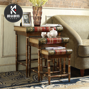 美式沙发角几实木客厅新中式方边几组合可移动复古茶几套几三件套