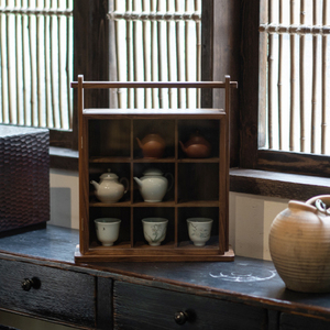原创提梁九宫格瓷器盒实木置物方格架玻璃门桌面茶壶收纳盒多宝格