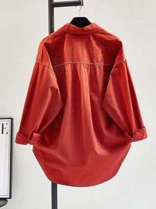 欧货明线口袋设计中长款衬衫女2024秋季酒红色宽松休闲衬衣薄外套