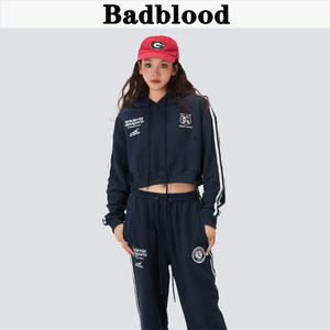 badblood秋季新款美式街头运动刺绣漏肚脐短款套头连帽卫衣裤套装