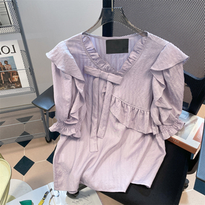 法式温柔紫色蝴蝶结荷叶边v领衬衫男女高级设计感小众泡泡袖上衣