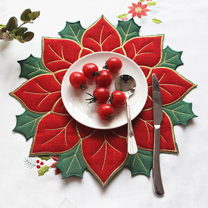 欧式喜庆红色餐垫冬青叶圣诞节西餐垫刺绣布艺装饰垫隔热垫亚麻垫