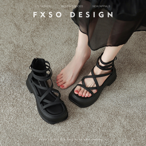 「FXSO方巷」厚底罗马凉鞋女2024年夏季新黑色绑带仙女风时装女鞋