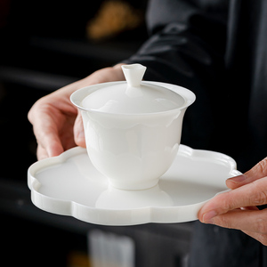 觅白郁金香盖碗纯色白瓷陶瓷中式三才盖碗精致高白中国白泡茶碗杯