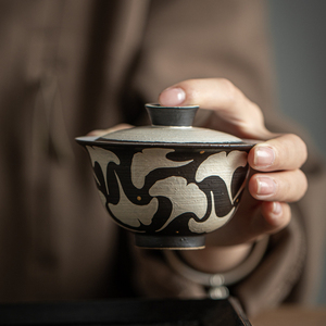 复古粉引手绘银杏元宝盖碗黑色高档单个泡茶碗功夫茶具茶碗岩茶碗