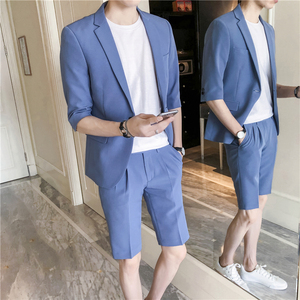 夏季韩版收身新郎西装两件套约会男装主持人中袖西服五分短裤套装