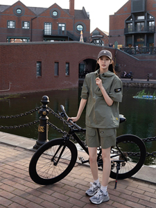 韩系学院风甜酷绿休闲运动服装女夏季防嗮港风短裤短袖时尚两件套