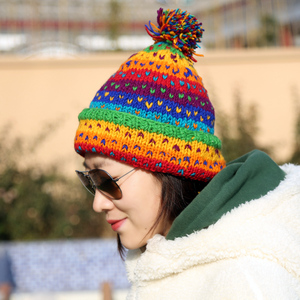 冬季羊毛圆顶帽尼泊尔加厚保暖时尚休闲双层可爱彩色点毛线帽子女