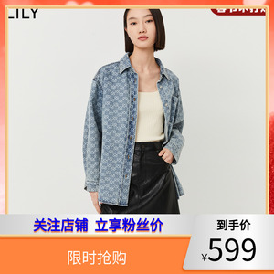 【商场同款】LILY2024春新款女装复古老花时尚通勤款宽松牛仔衬衫