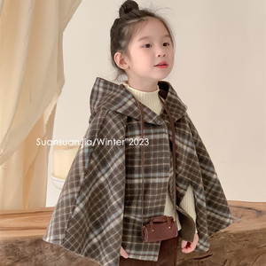 韩系女童双面呢格子连帽披风秋冬新品儿童手工缝制加厚斗篷外套