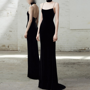 自制小礼服女新款黑色丝绒修身显瘦派对年会晚礼服高贵优雅发布会