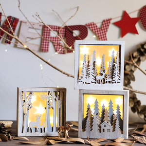 北欧风圣诞森林麋鹿木质灯盒灯座 摄影道具圣诞节装饰摆件壁挂