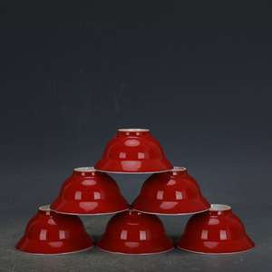 中国红单色釉折腰杯功夫茶杯上海博物馆款古瓷器文革厂货古玩收藏