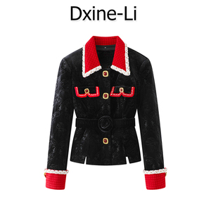 DXINE 2024春季新款秋冬新款复古红黑拼色玫瑰丝绒刺绣短外套上衣
